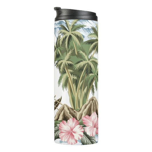 Hawaïaans  eiland, palmboom, boot, roze thermosbeker (Geroteerd rechts)