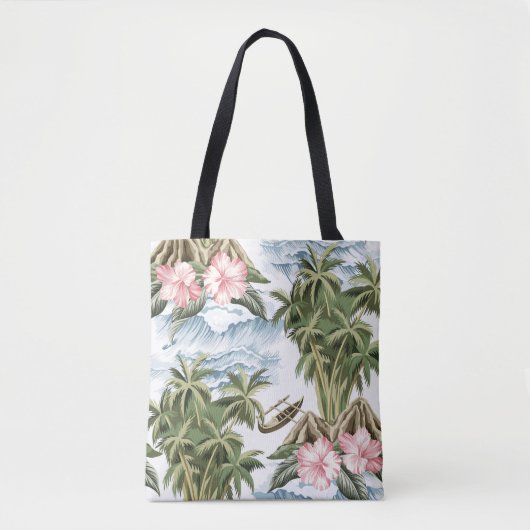 Hawaïaans eiland, palmboom, boot, roze tote bag (Voorkant)