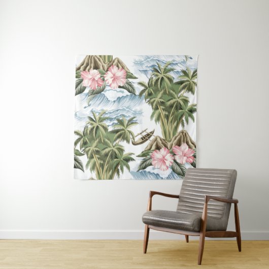 Hawaïaans eiland, palmboom, boot, roze wandkleed (In situ)