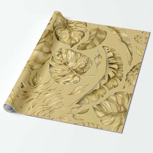 Hawaïaans goud tropisch blad monstera blad patroon cadeaupapier (Uitgerold)