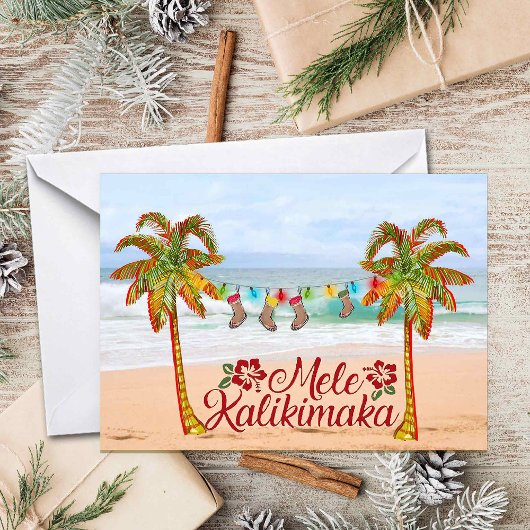 Hawaïaans kerststrand met kleurrijke palmbomen kaart