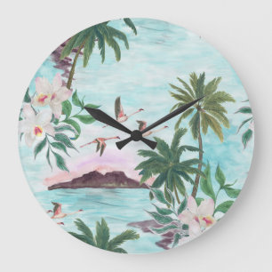 Hawaïaans Landschap Flamingo Waterverf Patroon Grote Klok