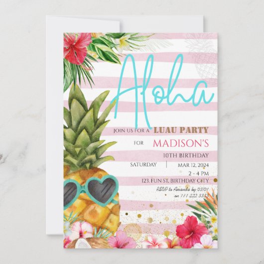 Hawaiaans Luau Ananas Tropisch Meisje Verjaardag Kaart (Voorkant)