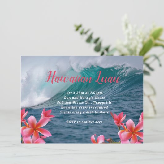 Hawaiaans Luau Feest Uitnodiging Brekende Golven (Staand voorkant)