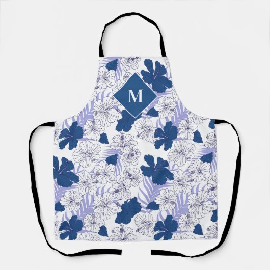 Hawaïaans Print Mannen Blauw Tropisch Monogram Sch Schort (Voorkant)