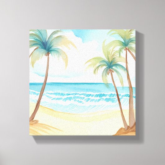 Hawaiaans strand | Palmboom Tropisch Aquarel Canvas Afdruk (Voorkant)