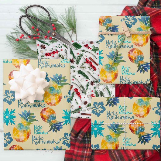 Hawaïaanse ananas en Hibiscus Mele Kalikimaka 3 Inpakpapier Vel
