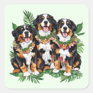 Hawaïaanse Bernese Mountain Dogs Bloemenkrans Vierkante Sticker