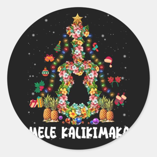 Hawaïaanse Bloemen Kerstboom Mele Kalikimaka Tro Ronde Sticker (Voorkant)