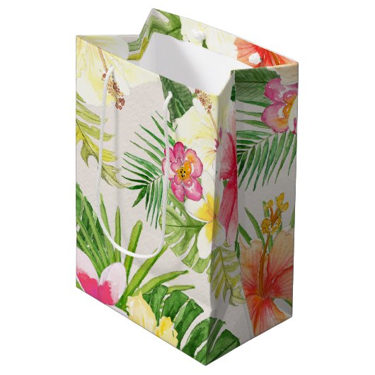 Hawaïaanse Elegante Tropische Bloemen Waterverf Medium Cadeauzakje (Voorkant Gekanteld)