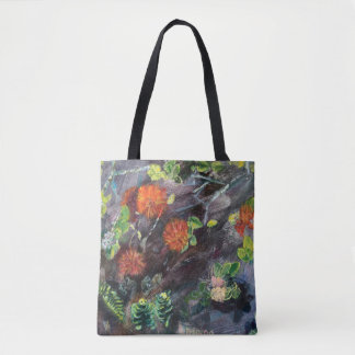 Hawaiaanse flora zwart en rood boodschappentas tote bag