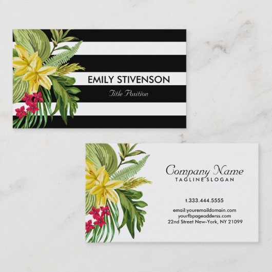 Hawaïaanse gele bloem en zwarte witte strepen visitekaartje (Voorkant / Achterkant)