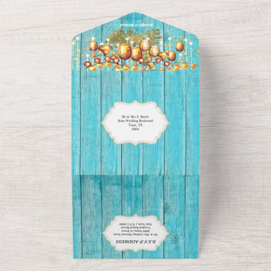 Hawaïaanse hemellantaarns boho hout tropisch blauw all in one uitnodiging (Buitenkant)