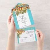 Hawaïaanse hemellantaarns boho hout tropisch blauw all in one uitnodiging (Afscheurbaar)