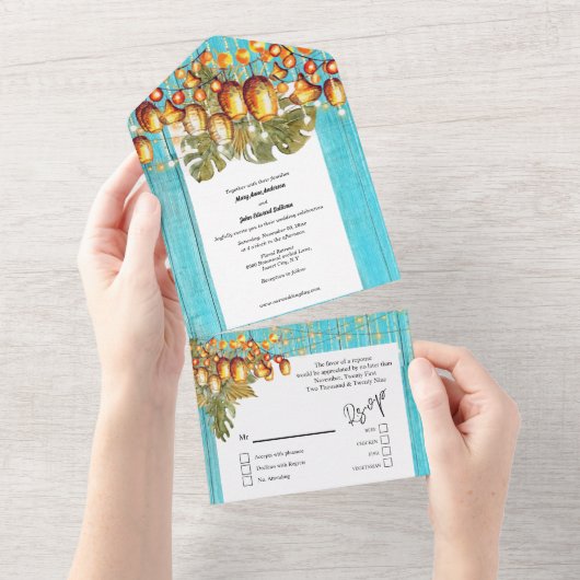 Hawaïaanse hemellantaarns boho hout tropisch blauw all in one uitnodiging (Afscheurbaar)