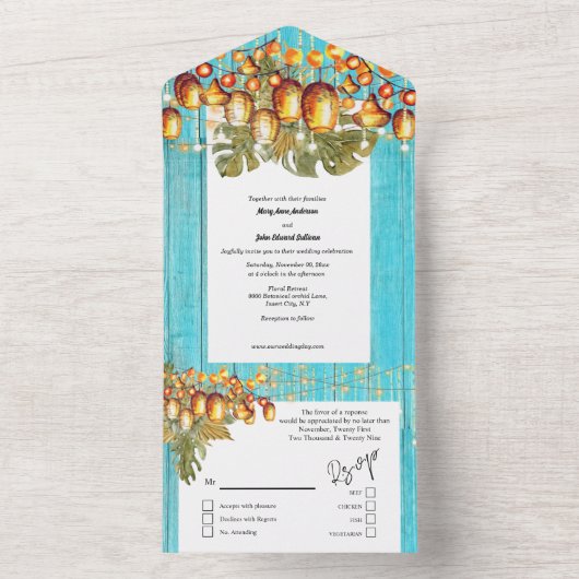 Hawaïaanse hemellantaarns boho hout tropisch blauw all in one uitnodiging (Binnen)