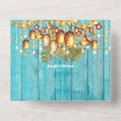 Hawaïaanse hemellantaarns boho hout tropisch blauw all in one uitnodiging (Achterkant)