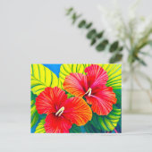 Hawaïaanse hibiscus rode bloemen met groene blader briefkaart (Staand voorkant)