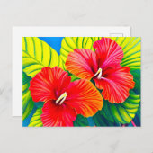 Hawaïaanse hibiscus rode bloemen met groene blader briefkaart (Voorkant / Achterkant)