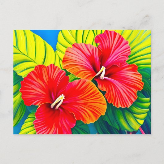 Hawaïaanse hibiscus rode bloemen met groene blader briefkaart (Voorkant)