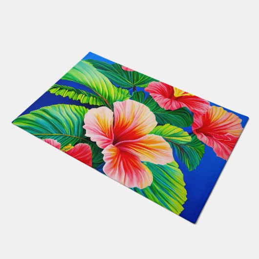 Hawaïaanse hibiscus tropische rode bloemen en groe deurmat (Schuin)