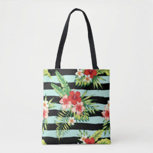 Hawaïaanse Hibiscus & Zwart & Mint Stripes Patroon Tote Bag