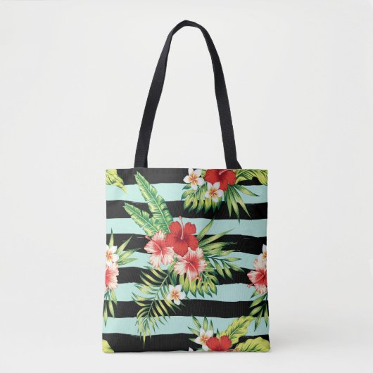 Hawaïaanse Hibiscus & Zwart & Mint Stripes Patroon Tote Bag (Voorkant)