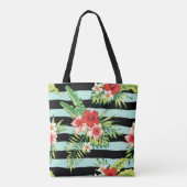 Hawaïaanse Hibiscus & Zwart & Mint Stripes Patroon Tote Bag (Achterkant)