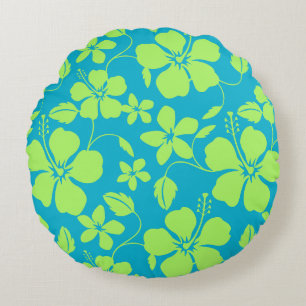 HAWAIAANSE HULA (HIBISCUS) TEAL/LIME ROND KUSSEN
