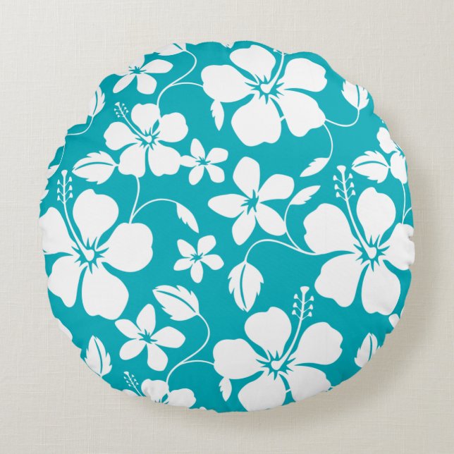 HAWAIAANSE HULA (HIBISCUS) TEAL ROND KUSSEN (Voorkant)