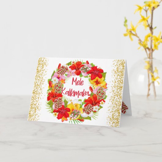 Hawaiaanse Mele Kalikimaka Kerstkrans  Kaart (Gele Bloem)