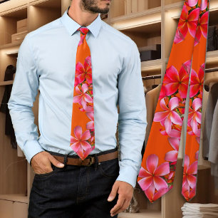 Hawaiaanse Plumeria Tropische Roze Bloem Oranje Stropdas