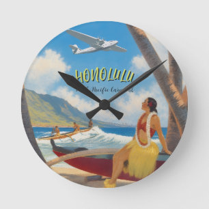 Hawaiaanse Reis Honolulu Hula Meisje in Vintage St Ronde Klok