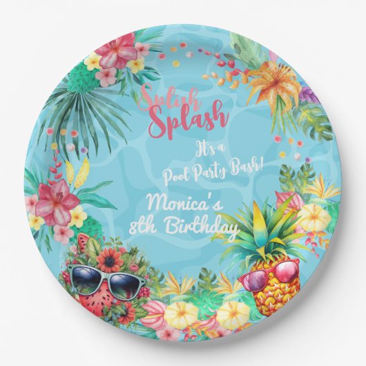 Hawaïaanse splash zomer zwembad verjaardag bash papieren bordje (Voorkant)