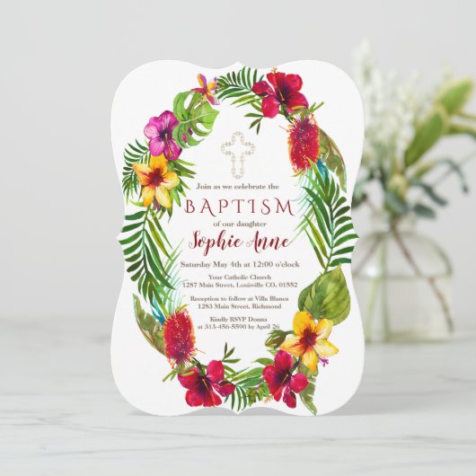 Hawaiaanse Stralende Tropische Bloemenkrans Doop Kaart (Staand voorkant)