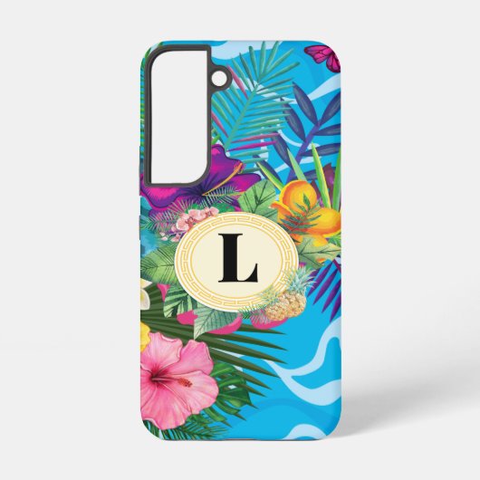 Hawaïaanse tropische bloemen en vlinders monogram samsung galaxy hoesje (Achterkant)