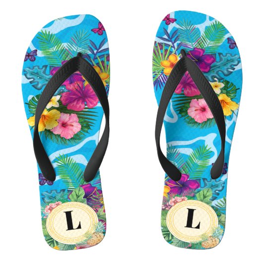 Hawaïaanse tropische bloemen en vlinders monogram teenslippers (Voetbed)