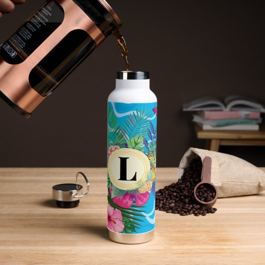 Hawaïaanse tropische bloemen en vlinders monogram waterfles (Koffie)