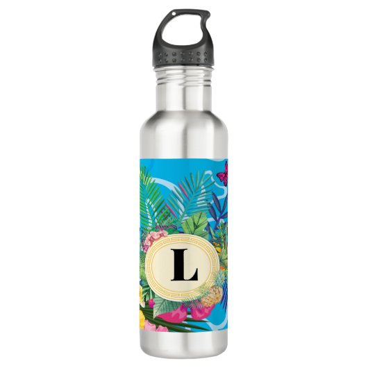 Hawaïaanse tropische bloemen en vlinders monogram waterfles  (Voorkant)