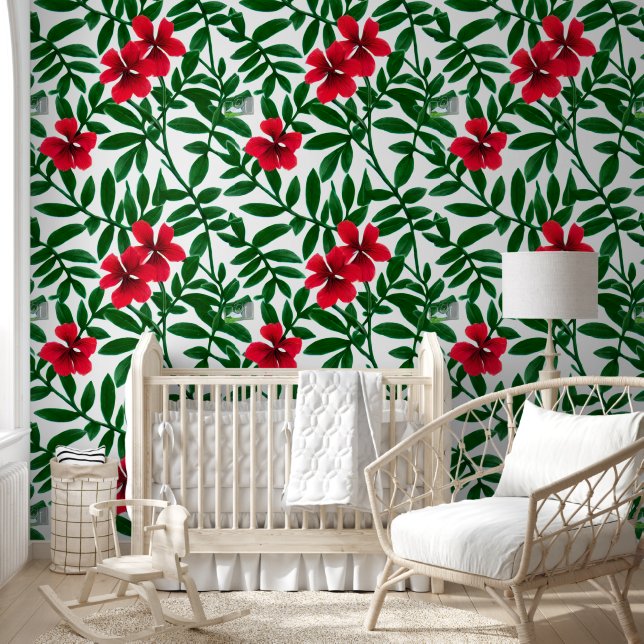 Hawaïaanse tropische bloemen rood groen kust chic behang (Kinderen)