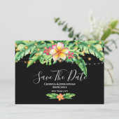 Hawaiaanse tropische eiland strand lichten bloemen save the date (Staand voorkant)