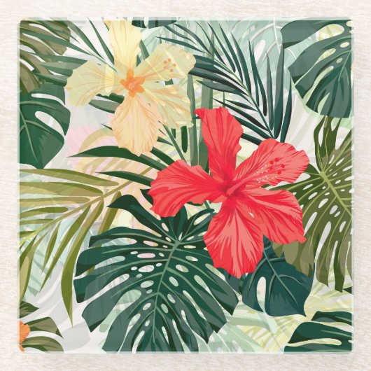 Hawaïaanse tropische planten, kleurrijke bloemen. glazen onderzetter (Voorkant)