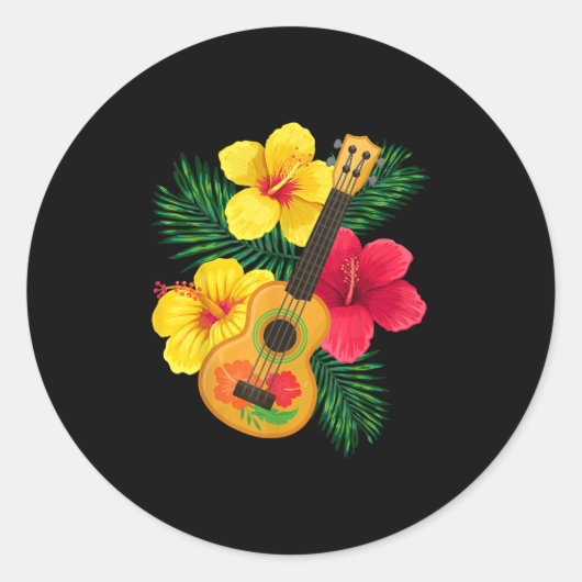 Hawaïaanse ukelele retro uke hibiscus ronde sticker (Voorkant)