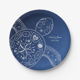 Hawaiaanse zeeschildpad wit op blauwe strandbruilo papieren bordje