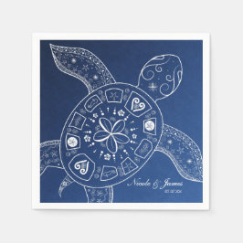Hawaiaanse zeeschildpad wit op blauwe strandbruilo servet