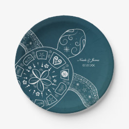 Hawaiaanse zeeschildpad wit op turquoise strand br papieren bordje