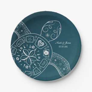 Hawaiaanse zeeschildpad wit op turquoise strand br papieren bordje