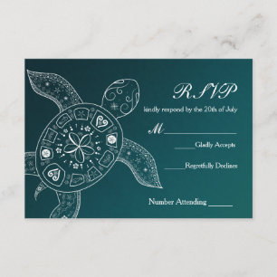 Hawaiaanse zeeschildpad witte blauwe strandbruilof RSVP kaartje