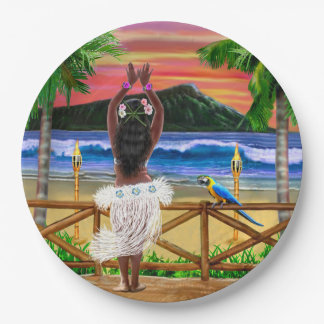 Hawaiaanse Zonsondergang Hula Danser Papieren Bordje