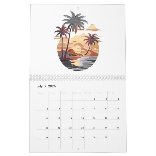 Hawaïaanse zonsondergang met palmboom kalender (Jul 2026)